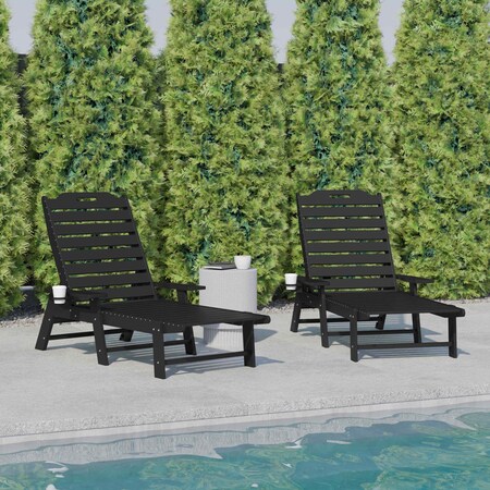 Flash Furniture Black Adjustable Chaise Lounger with Cupholder, 2PK 2-LE-HMP-2017-414-BK-GG